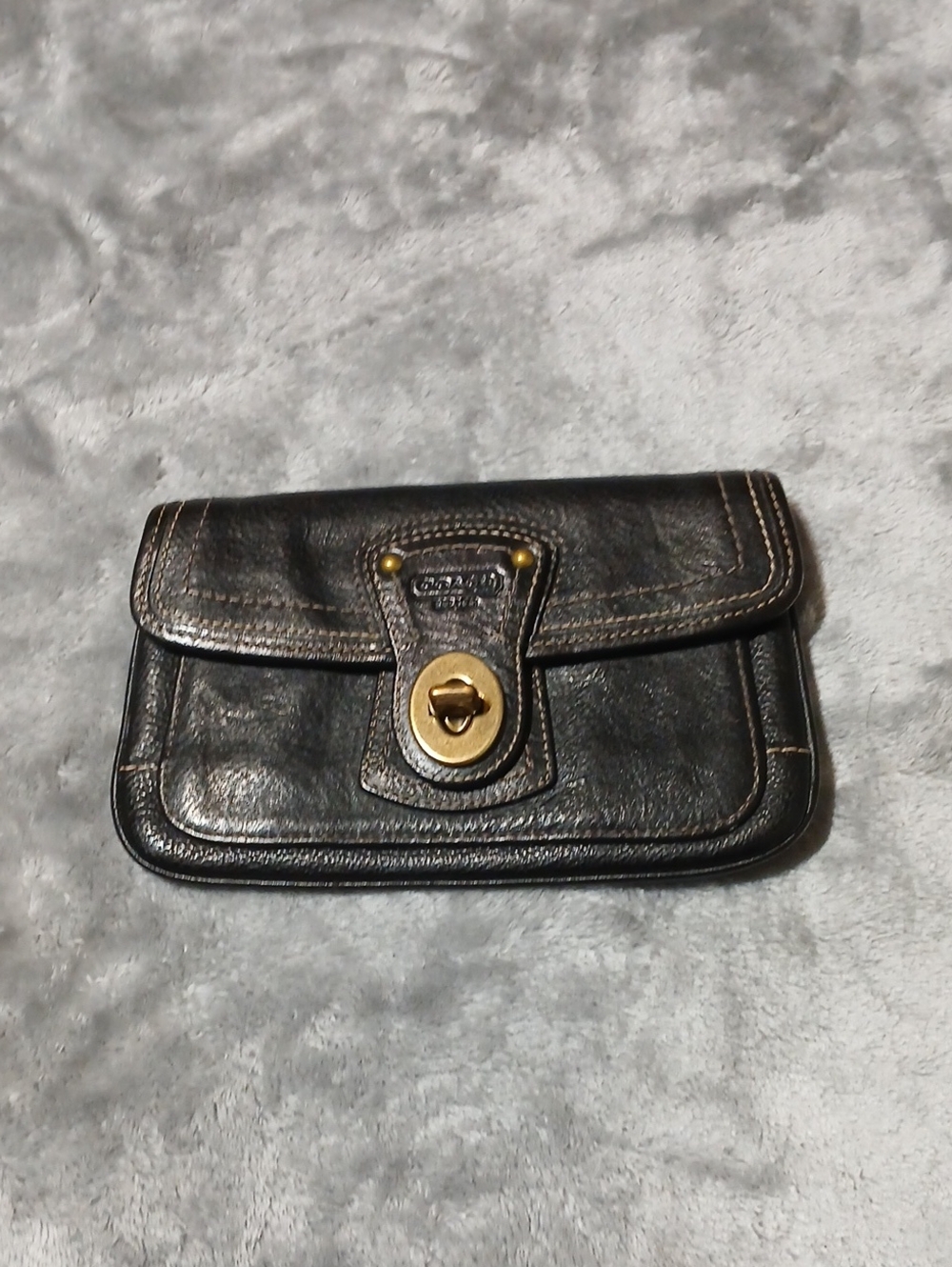 Coach Black Leather Wristlet Clutch with Gold Turnlock